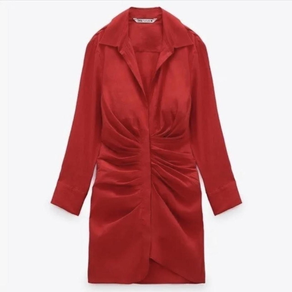 Zara Red Ruched Bodycon Shirt Dress, L - Picture 2 of 3